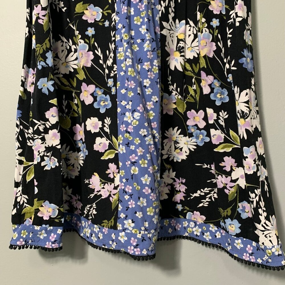 J. Jill Women Mixed Floral Print Sleeveless Shift Dress Black Blue Pom Pom Hem‎ - Picture 3 of 11